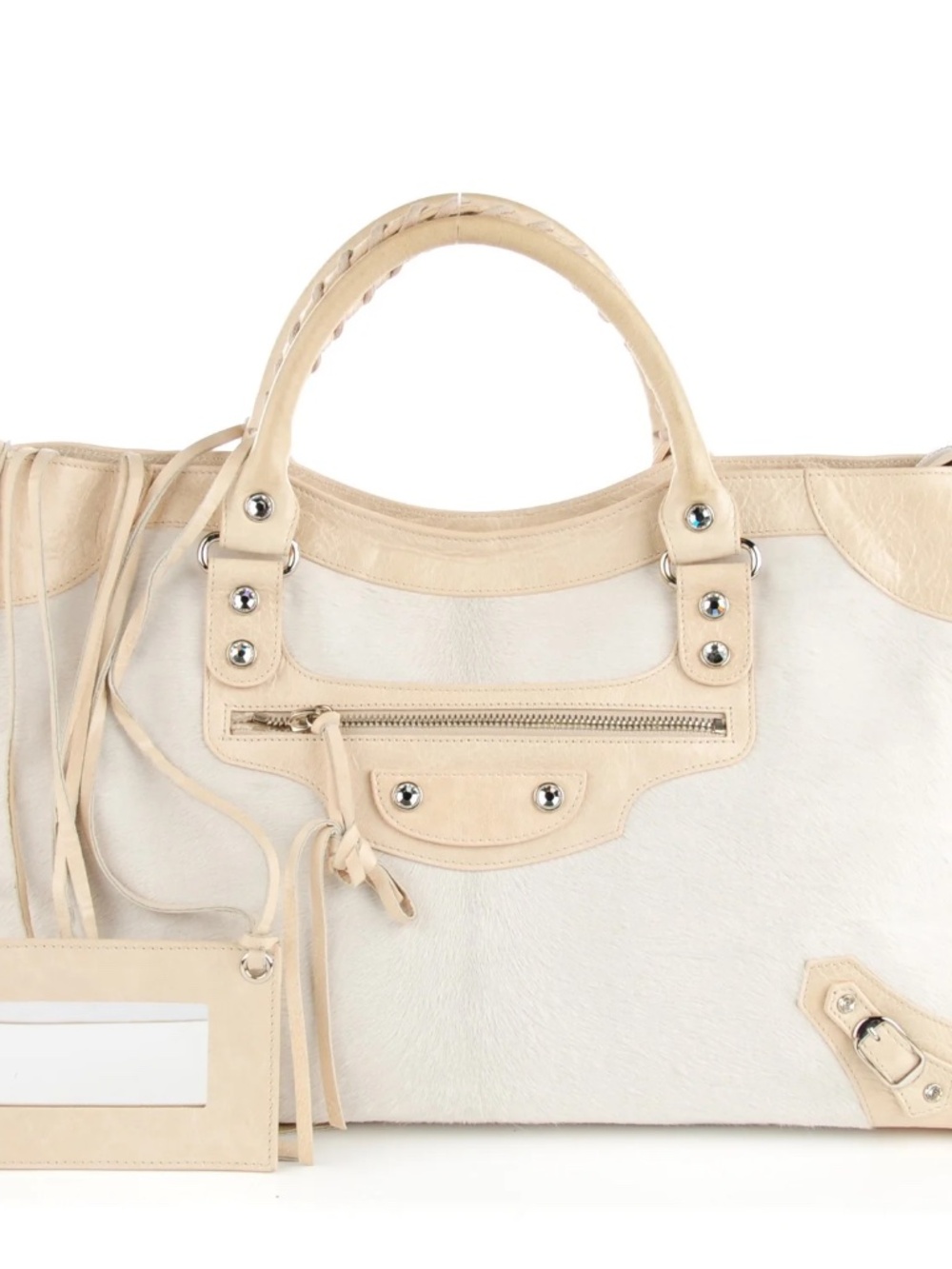 BALENCIAGA Limited Edition Bianco Pony Hair Motorcycle City Bag With Swarovski